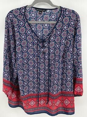Zac and Rachel Women's 2X Elastic 3/4 Sleeve Boho Top Blouse Blue Red Tie Front